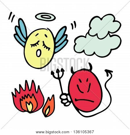 Set of pretty hand drawn angel and devil smiles-balls. Vector illustration.