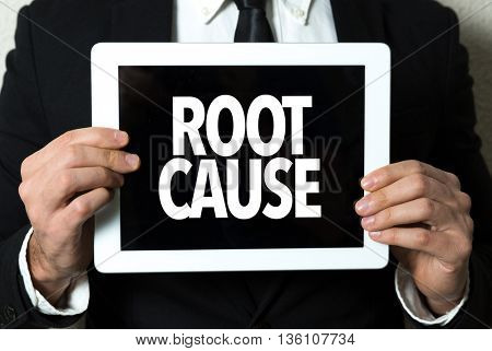Business man holding a tablet with the text: Root Cause