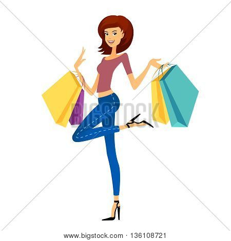 Fashion shopping girl. Beautiful woman with shopping bags. Shopper on white background