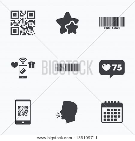 Bar and Qr code icons. Scan barcode in smartphone symbols. Flat talking head, calendar icons. Stars, like counter icons. Vector
