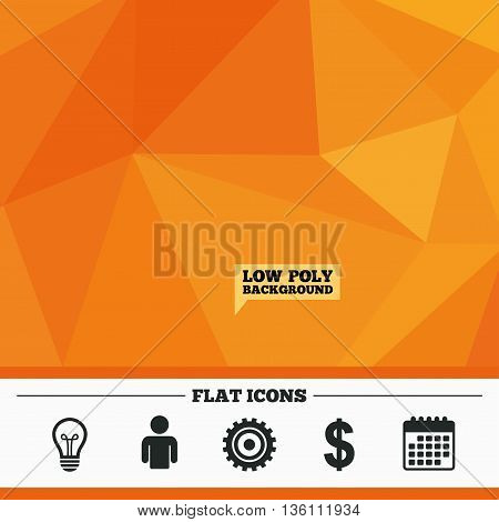Triangular low poly orange background. Business icons. Human silhouette and lamp bulb idea signs. Dollar currency and gear symbols. Calendar flat icon. Vector