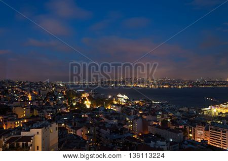 Istanbul and the Bosphorus at sunset in the background the bosphorous bridge