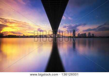Under view of Bhumibol bridge with chao praya river in Bangkok, Thailand.