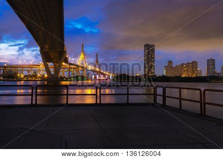 Under view of Bhumibol bridge with chao praya river in Bangkok, Thailand.