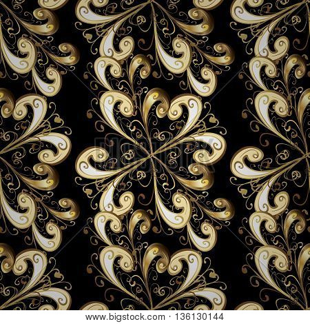 Seamless vintage pattern on black background with golden elements.