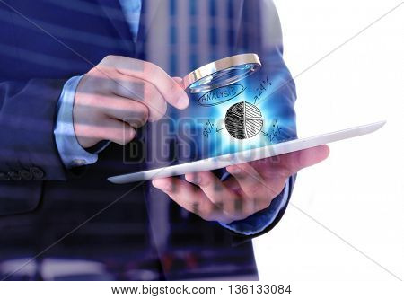 Businessman holding magnifying glass and digital tablet, isolated on white, double exposition