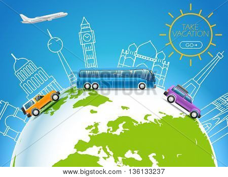 World famous signts lineart silhouettes on Earth. Take vakation around the world