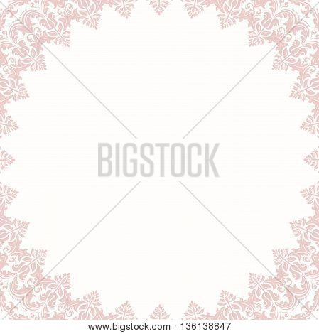 Oriental pink frame with arabesques and floral elements. Floral fine border. Greeting card with place for text
