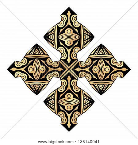 Golden African ornament label. Gold gamut decorative icon. Ornate symbol ethnic pattern. Tribal ornament for tattoo or brand. Isolated design element. Vector illustration.