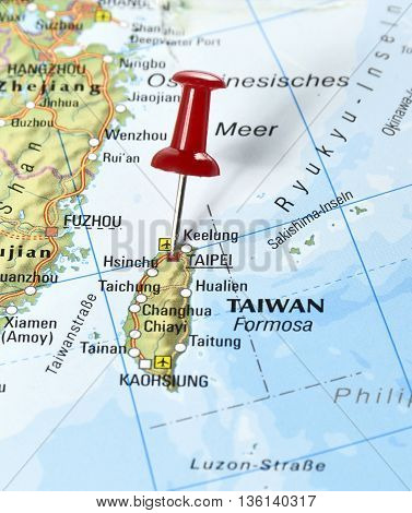 Map with pin set on Taipei, Taiwan.