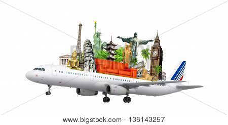 travel the world by airplane concept. 3d illustration .