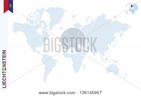 Blue World Map With Magnifying On Liechtenstein.
