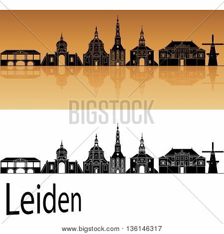 Leiden skyline in orange background in editable vector