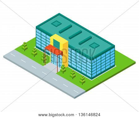 Isometric city building of supermarket store or mall. Three dimensional town constraction. Shopping flat concept. Infographic design element. Vector isolated illustration.