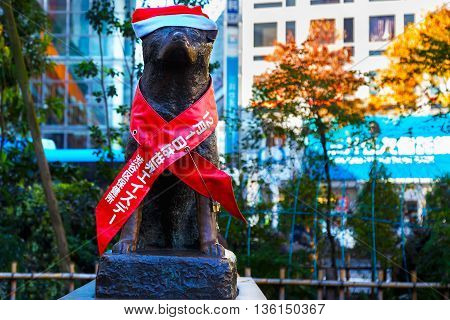 Tokyo, Japan - November 28 2015: Hachiko Statue At Shibuya Station, The Dog Is Remarkable Loyalty To
