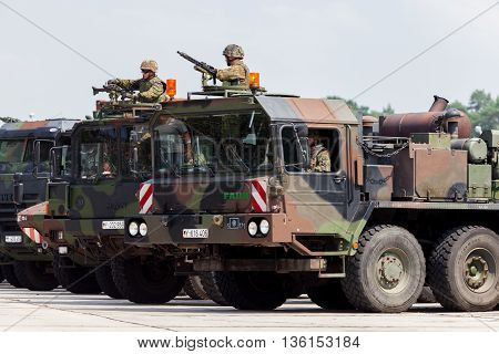 BURG / GERMANY - JUNE 25 2016: german military army convoy stands on open day in barrack burg / germany at june 25 2016