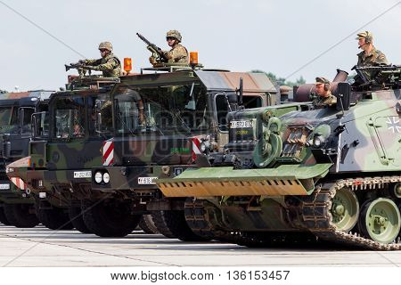 BURG / GERMANY - JUNE 25 2016: german military army convoy stands on open day in barrack burg / germany at june 25 2016