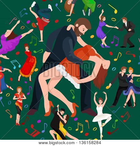 Vector illustration of couple dancing modern dance, Partners dance bachata, Dancing style design concept set, traditional dance flat icon isolated vector illustration, Man and woman ballroom dancing.