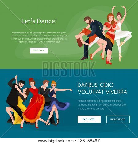 Vector illustration of couple dancing modern dance, Partners dance bachata, Dancing style design concept set, traditional dance flat icon isolated vector illustration, Man and woman ballroom dancing.