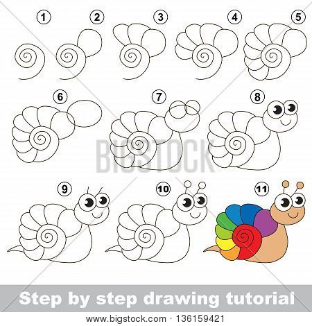 Drawing tutorial for children. Easy educational kid game. Simple level of difficulty. Kid education and gaming. How to draw The Rainbow Snail.