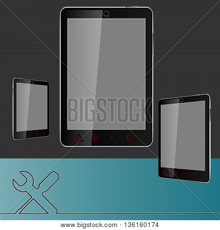 Vector drawing of black, touchscreen mobile phones, smartphones with large screen, key, and screwdriver and place for text