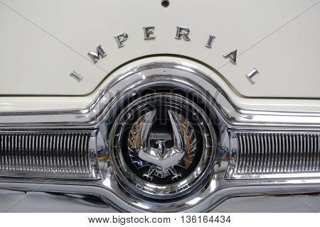 CRACOW POLAND - MAY 21 2016: Imperial metallic logo closeup on Imperial car displayed at 3rd edition of MOTO SHOW in Cracow Poland.