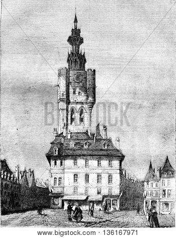The Belfort has Bethune department of Pas de Calais, vintage engraved illustration. Magasin Pittoresque 1836.