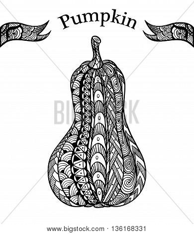 Pumpkin with  Zen tangle  pattern black on white for coloring page or relax coloring book or for decorate package clothes or flyers banners Post Card on celebrating Halloween