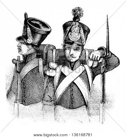 Ordinary shako, vintage engraved illustration. Magasin Pittoresque 1836.