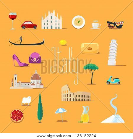 Travel to Italy vector icons set. Italian landmarks cathedral gandola Rome Colosseum etc
