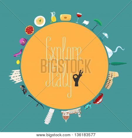 Travel to Italy concept illustration. Design element for poster flyer with Italian landmars as icons. Italian ok hand sign