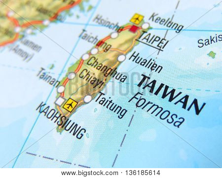 Map with focus set on Taipei, Taiwan.