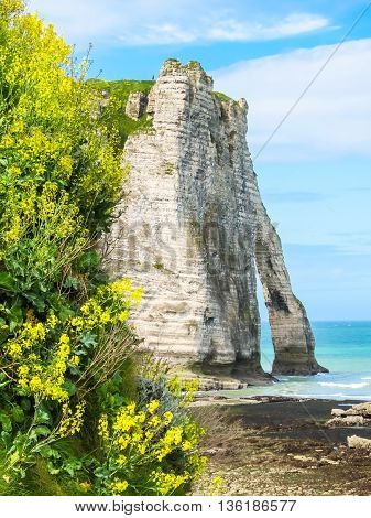 Cote d'Albatre or Alabaster Coast is part of the French coast of the English Channel. Famous cliff Porte d'Aval. Etretat, France
