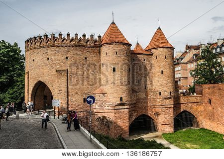 Warsaw, Poland - 20 June 2015: view on Barbakan walls and towers in Warsaw in Poland