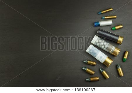 New shotgun shells, various types and caliber, isolated on white background. Sales of sporting ammunition. Advertising for the sale of ammunition.