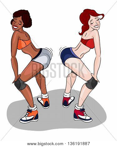 Twerk dance. two women. Vector illustration. girls in sport bra and shorts dancing half-sitting twerk. cartoon illustration isolated on a white background.  booty shake dance party