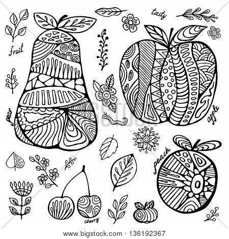 stock vector set of fruit with cherry pear peach apple leaf and flower. hand draw doodle pattern