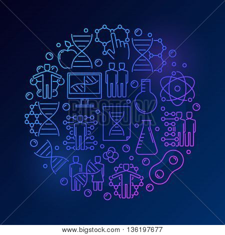 Biochemistry and DNA illustration. Vector bright round genetics and round sign made with linear icons on dakr blue background