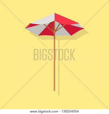 Beach red white umbrella with shadow. Sun parasol icon isolated. Vector Illustration
