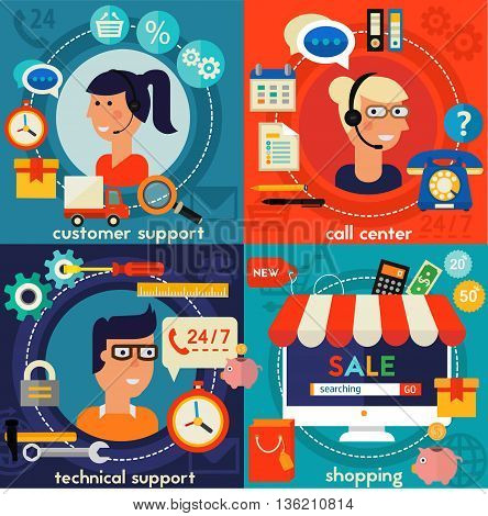 Online Shopping, Customer and Technical Support and Call Senter concept banners. Flat style vector illustration online web banners