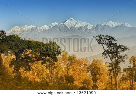 Beautiful view of Silerygaon Village with Kanchenjunga mountain range at the background moring light at Sikkim India