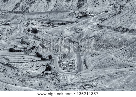 Aerial view of Zigzag road - famously known as jilabi road at old route of Leh Srinagar Highway Ladakh Jammu and Kashmir India. Beautiful black and white stock image.