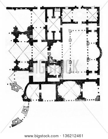 Half plane baths Caracalla, vintage engraved illustration. Magasin Pittoresque 1836.