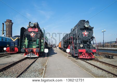 SAINT PETERSBURG, RUSSIA - MARCH 30, 2016: Two of the steam locomotive P-36, LV-18 on the October railway. Historical landmark of the city Saint Petersburg