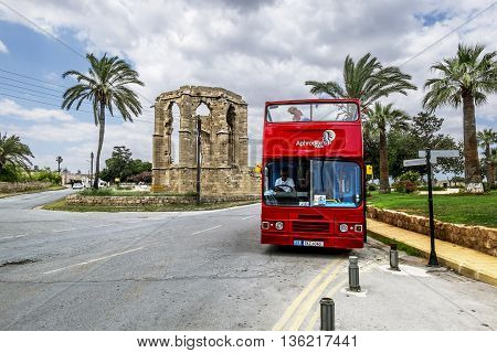 May 24 2016.Famagusta.Red tourist double Decker bus on the street in Famagusta .Northern Cyprus.