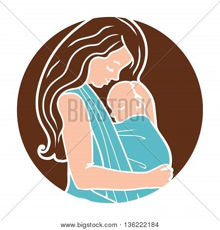 Vector Babywearing Round Logo With Mother Hugging Baby In a Sling. Simple lineart style. Perfect for blog posts, cards, print articles.