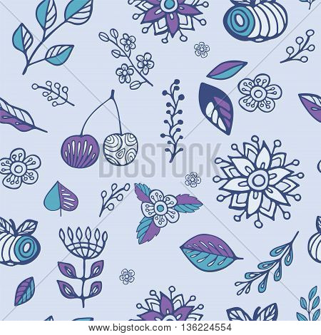 stock vector set of fruit with cherry apple leaf and flower. hand draw doodle pattern