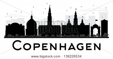 Copenhagen City skyline black and white silhouette. Vector illustration. Simple flat concept for tourism presentation, banner, placard or web site. Business travel concept. Cityscape with landmarks