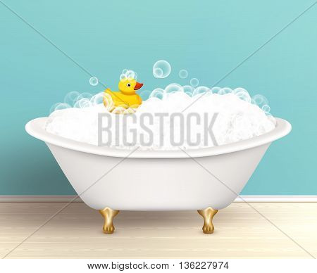 Bathtub cast a shadow on bathroom poster with foam and yellow rubber duck colored vector illustration
