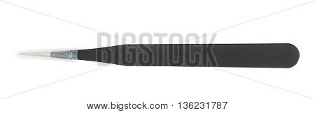 Black metal anti-static tweezers tool with the protection cap, composition isolated over the white background